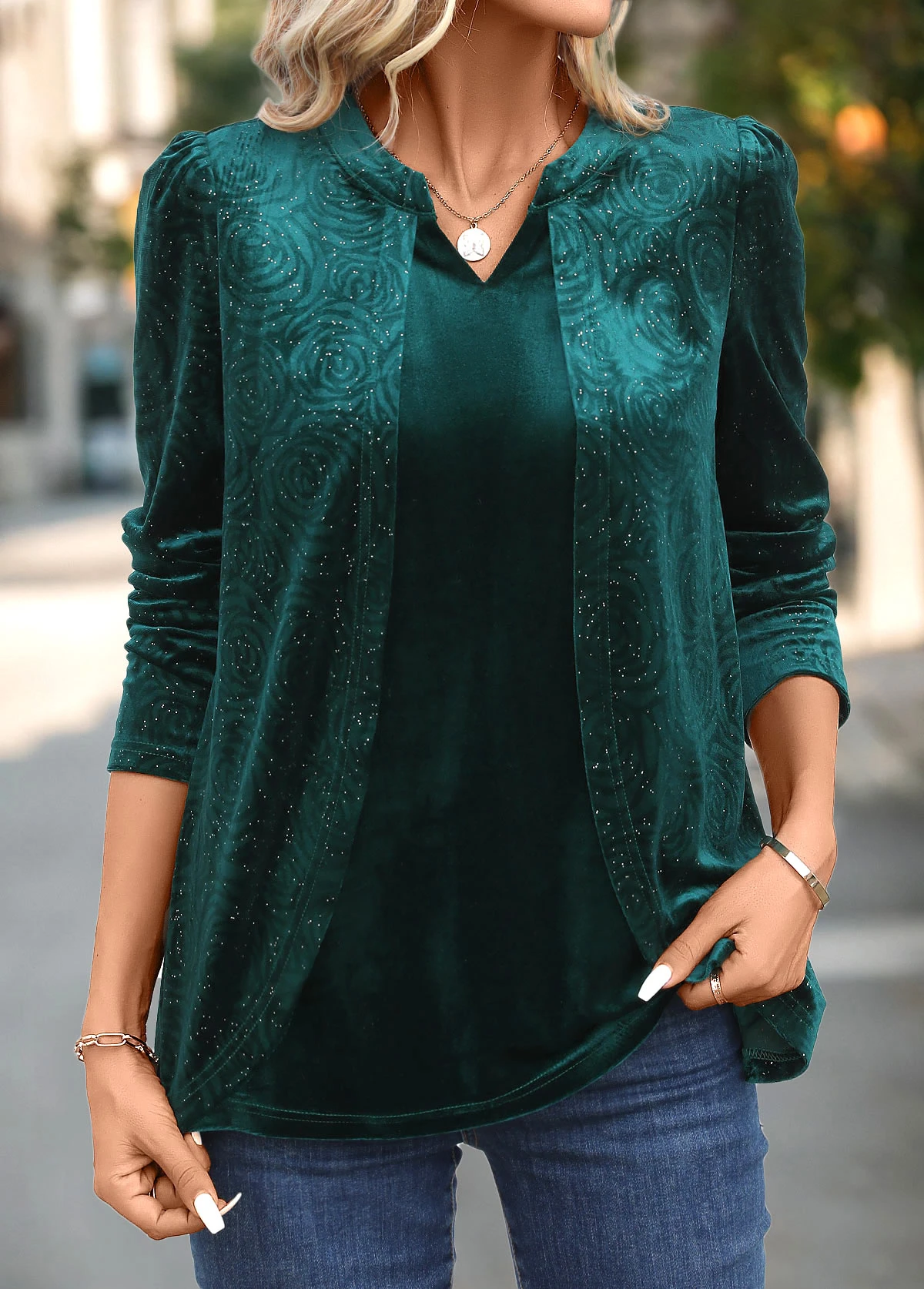 Blackish Green Velvet Long Sleeve Split Neck Blouse 7 Blackish Green Velvet Long Sleeve Split Neck Blouse - Image 5