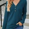 Turquoise Button Long Sleeve V Neck T Shirt -UrbanLayer Store 340845 P 1695197559079