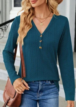 Turquoise Button Long Sleeve V Neck T Shirt -UrbanLayer Store 340845 P 1695197561562