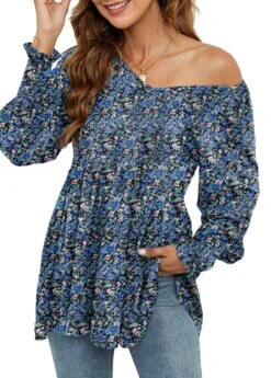 Navy Smocked Ditsy Floral Print Long Sleeve Blouse -UrbanLayer Store 340847 P 1692940108077