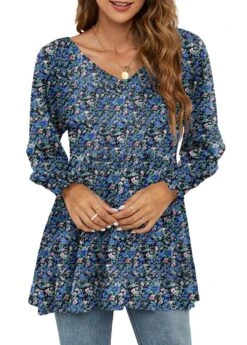 Navy Smocked Ditsy Floral Print Long Sleeve Blouse -UrbanLayer Store 340847 P 1692940109040