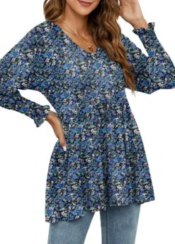 Navy Smocked Ditsy Floral Print Long Sleeve Blouse -UrbanLayer Store 340847 P 1692940109463