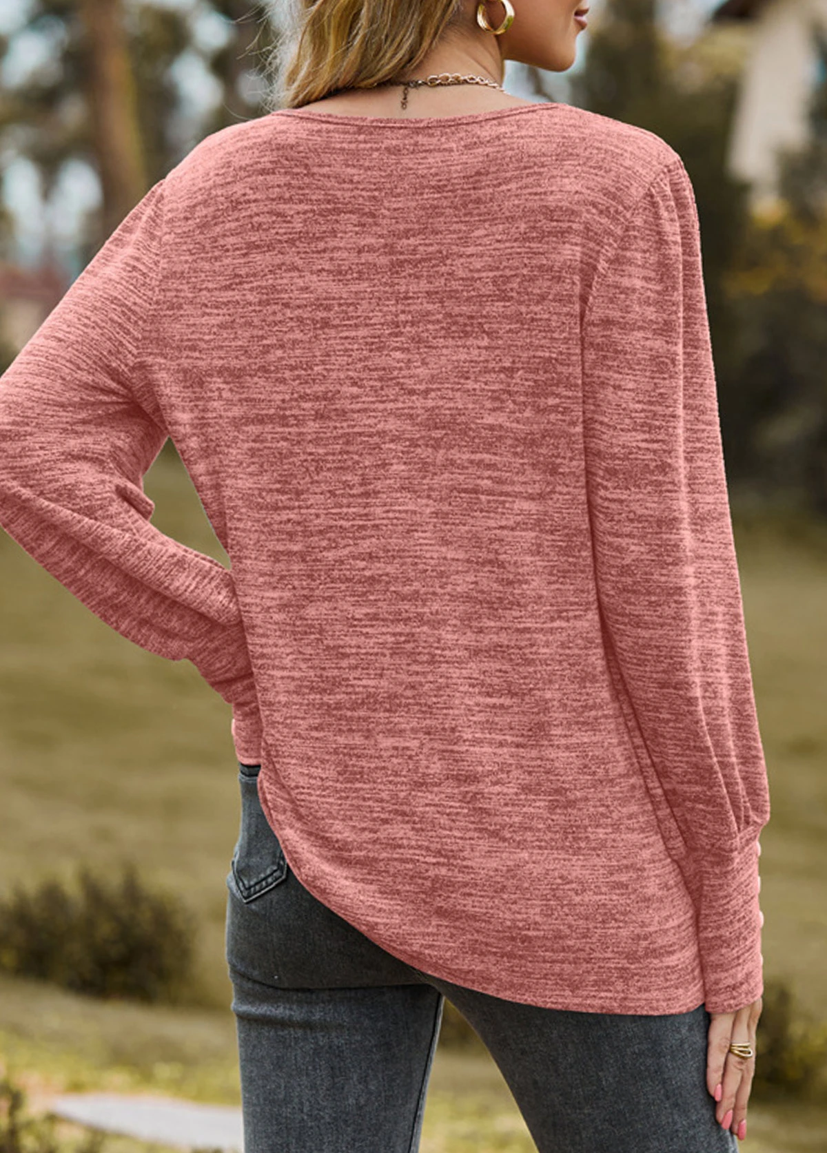 Dusty Pink Button Long Sleeve Round Neck T Shirt 4 Dusty Pink Button Long Sleeve Round Neck T Shirt - Image 2