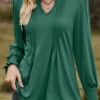 Green Tuck Stitch Long Sleeve Split Neck Blouse -UrbanLayer Store 340856 P 1692939963311