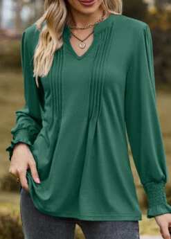 Green Tuck Stitch Long Sleeve Split Neck Blouse