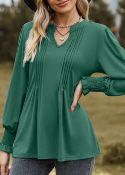 Green Tuck Stitch Long Sleeve Split Neck Blouse -UrbanLayer Store 340856 P 1692939964584