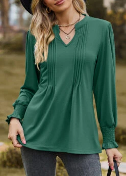Green Tuck Stitch Long Sleeve Split Neck Blouse -UrbanLayer Store 340856 P 1692939965342