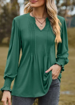 Green Tuck Stitch Long Sleeve Split Neck Blouse -UrbanLayer Store 340856 P 1692939965418