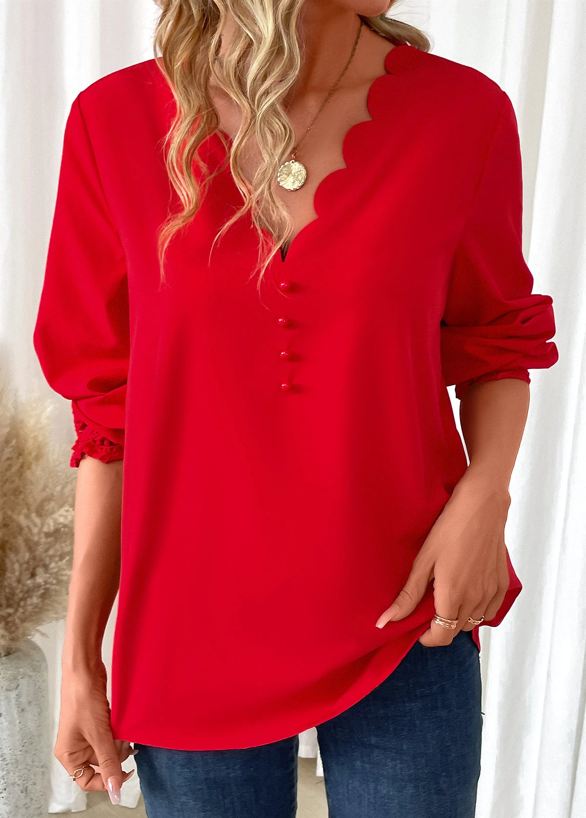 Red Scalloped Hem Long Sleeve V Neck Blouse 3 Red Scalloped Hem Long Sleeve V Neck Blouse