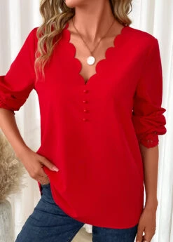 Red Scalloped Hem Long Sleeve V Neck Blouse 12 Red Scalloped Hem Long Sleeve V Neck Blouse -UrbanLayer Store 340986 P 16934782552464