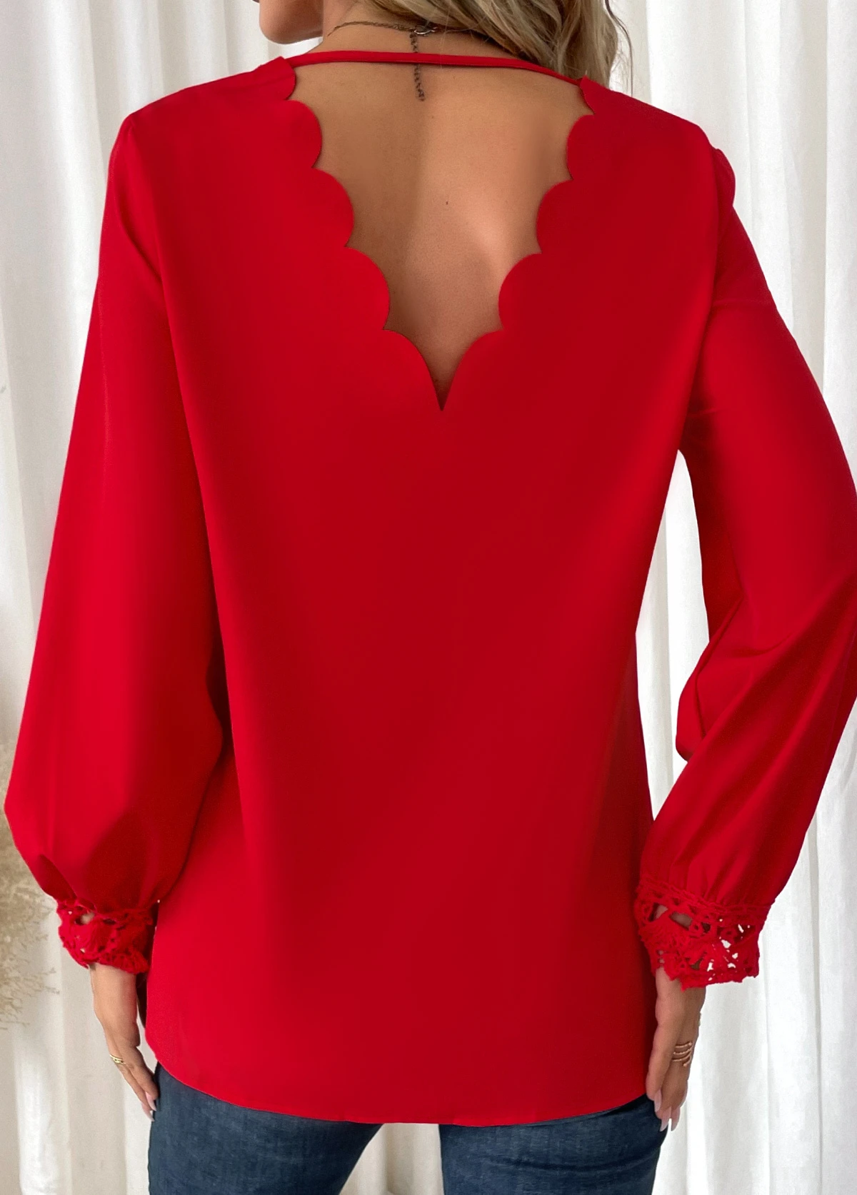 Red Scalloped Hem Long Sleeve V Neck Blouse 4 Red Scalloped Hem Long Sleeve V Neck Blouse - Image 2