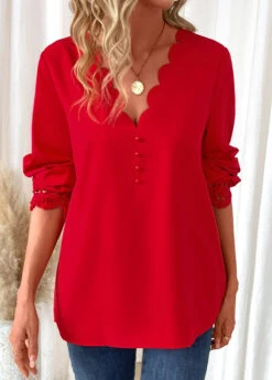 Red Scalloped Hem Long Sleeve V Neck Blouse 11 Red Scalloped Hem Long Sleeve V Neck Blouse -UrbanLayer Store 340986 P 16934782555553