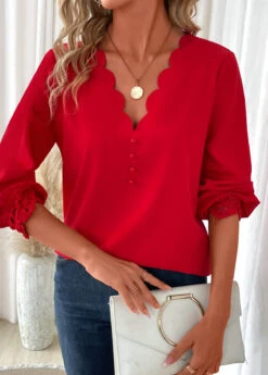 Red Scalloped Hem Long Sleeve V Neck Blouse 13 Red Scalloped Hem Long Sleeve V Neck Blouse -UrbanLayer Store 340986 P 16934782555995