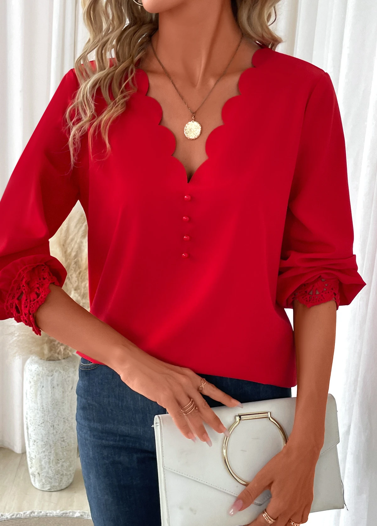 Red Scalloped Hem Long Sleeve V Neck Blouse 8 Red Scalloped Hem Long Sleeve V Neck Blouse - Image 6