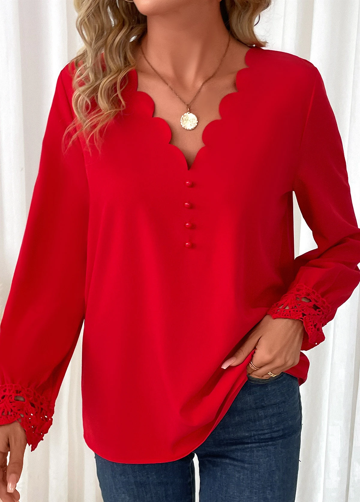 Red Scalloped Hem Long Sleeve V Neck Blouse 5 Red Scalloped Hem Long Sleeve V Neck Blouse - Image 3