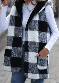 Black Pocket Plaid Long Sleeve Hooded Waistcoat