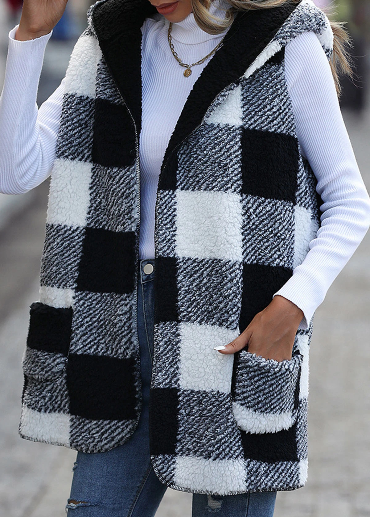 Black Pocket Plaid Long Sleeve Hooded Waistcoat 2 Black Pocket Plaid Long Sleeve Hooded Waistcoat