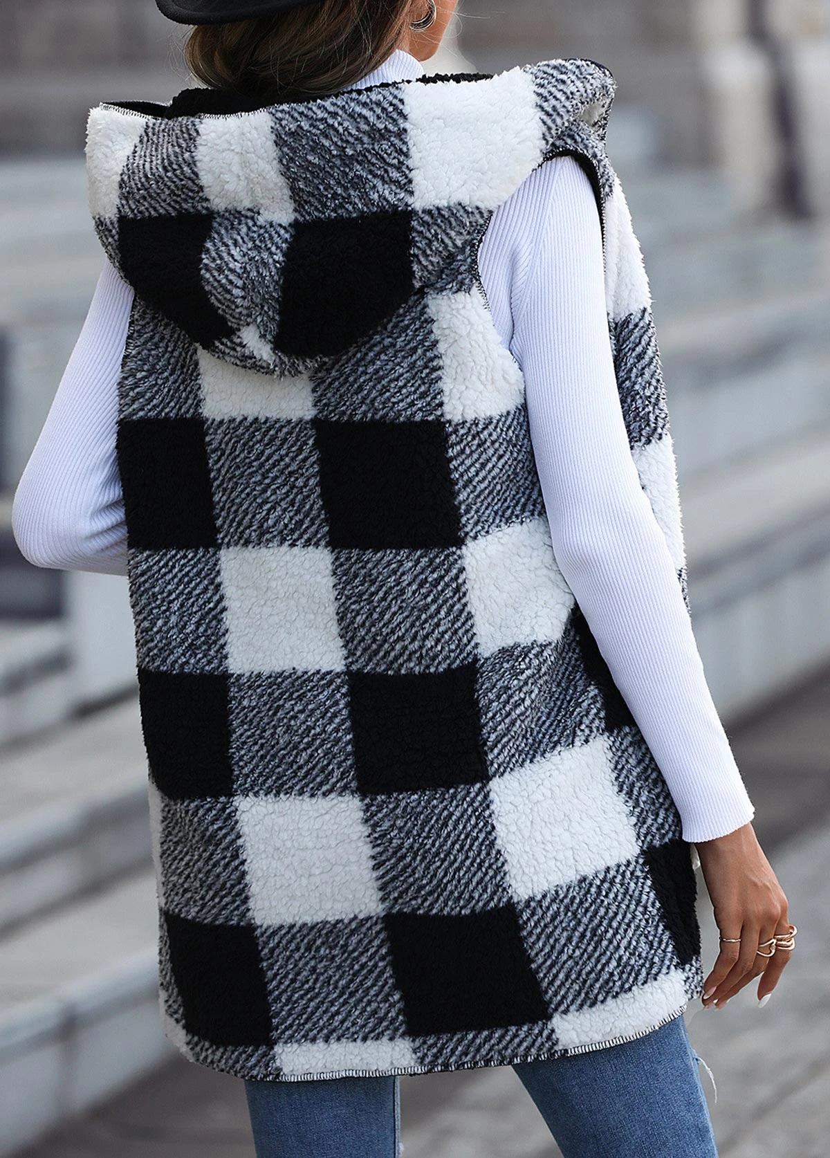 Black Pocket Plaid Long Sleeve Hooded Waistcoat 3 Black Pocket Plaid Long Sleeve Hooded Waistcoat - Image 2