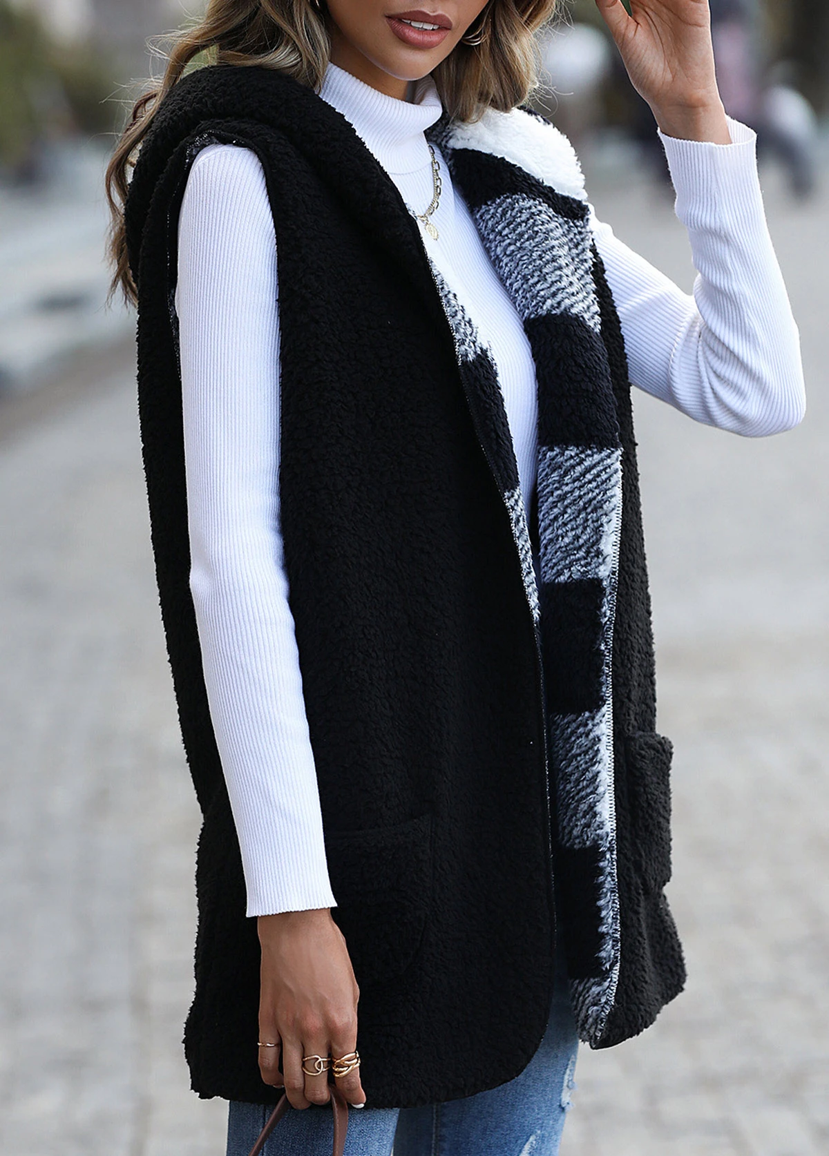 Black Pocket Plaid Long Sleeve Hooded Waistcoat 5 Black Pocket Plaid Long Sleeve Hooded Waistcoat - Image 4