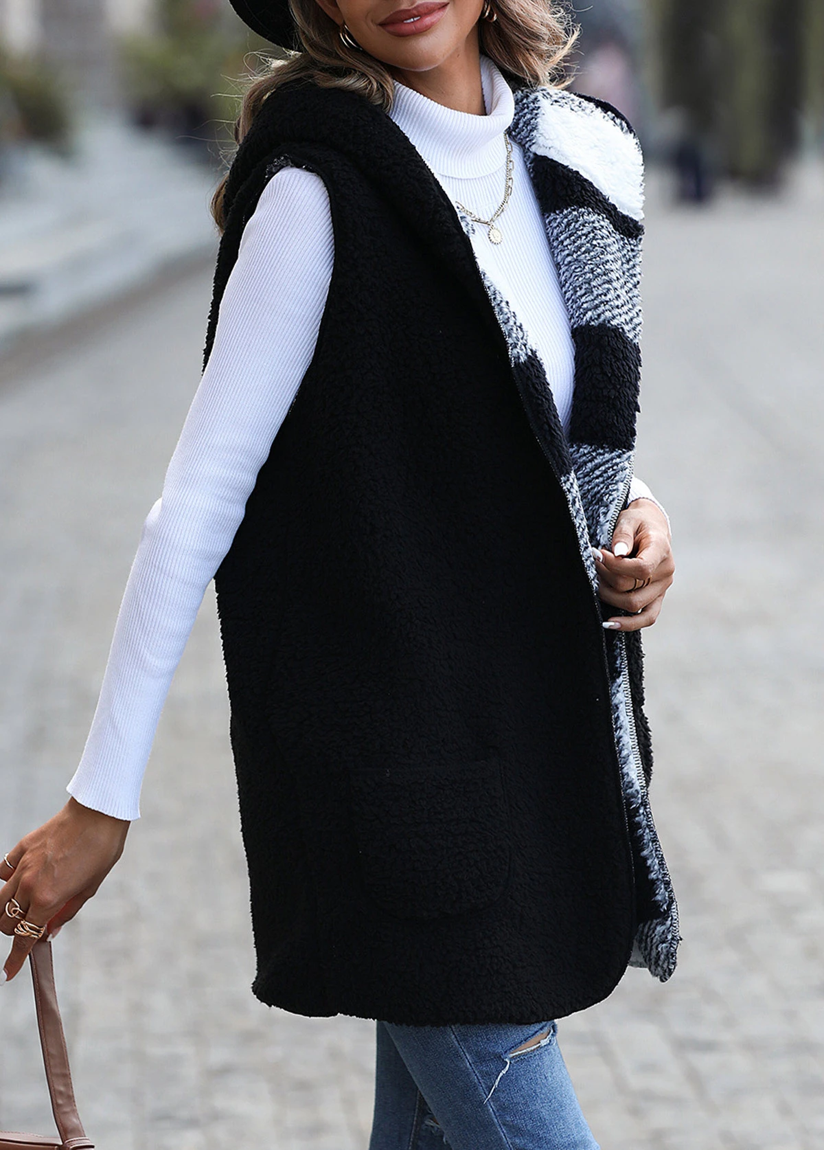 Black Pocket Plaid Long Sleeve Hooded Waistcoat 6 Black Pocket Plaid Long Sleeve Hooded Waistcoat - Image 5