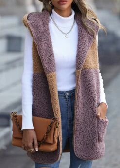 Dark Reddish Purple Patchwork Sleeveless Hooded Waistcoat