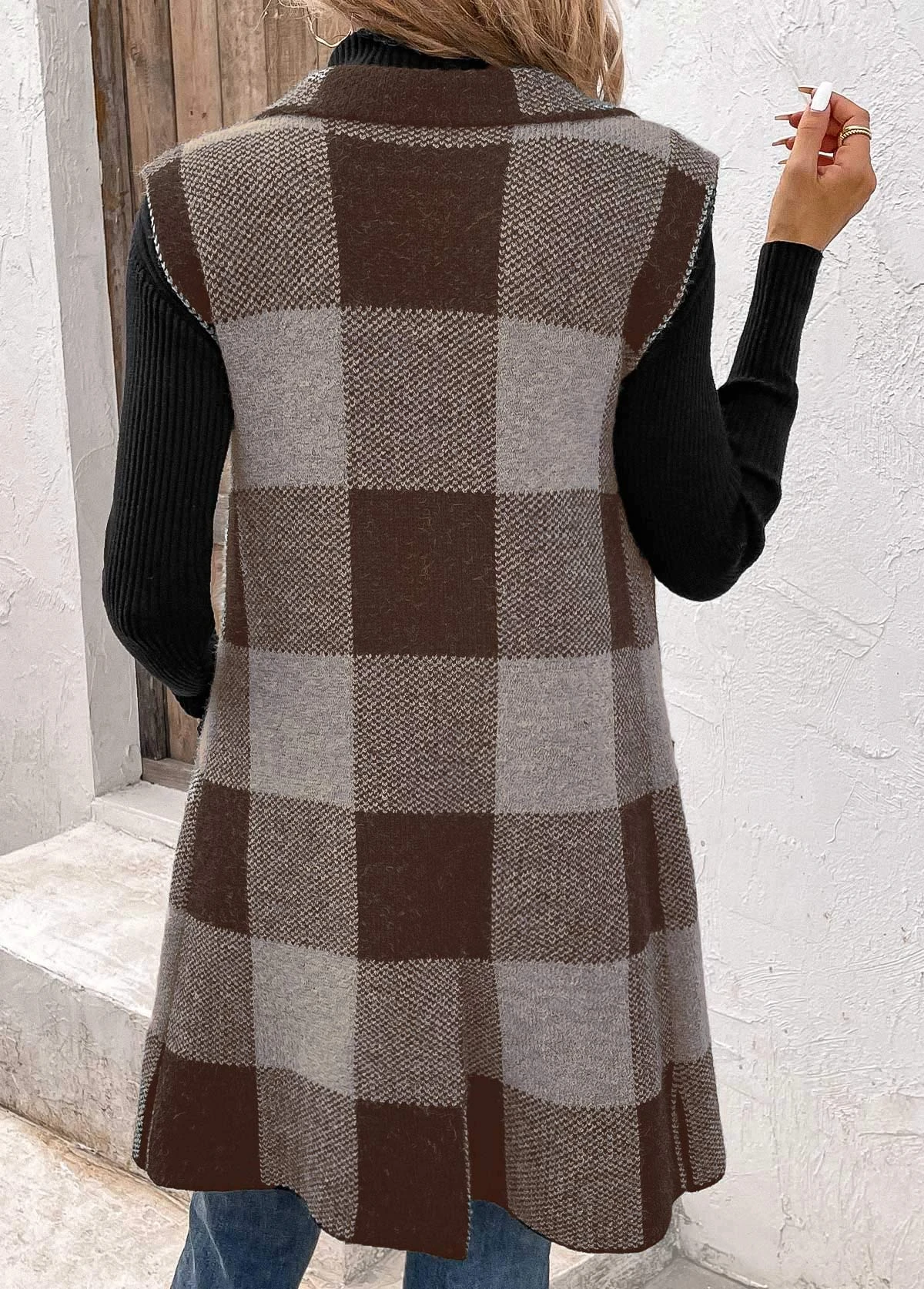 Dark Coffee Pocket Plaid Sleeveless Lapel Waistcoat 4 Dark Coffee Pocket Plaid Sleeveless Lapel Waistcoat - Image 2