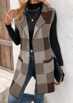 Dark Coffee Pocket Plaid Sleeveless Lapel Waistcoat 9 Dark Coffee Pocket Plaid Sleeveless Lapel Waistcoat -UrbanLayer Store 341323 P 16933940583852