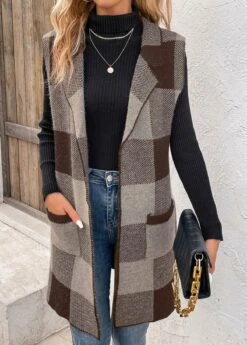 Dark Coffee Pocket Plaid Sleeveless Lapel Waistcoat