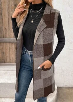 Dark Coffee Pocket Plaid Sleeveless Lapel Waistcoat 10 Dark Coffee Pocket Plaid Sleeveless Lapel Waistcoat -UrbanLayer Store 341323 P 16933940588323