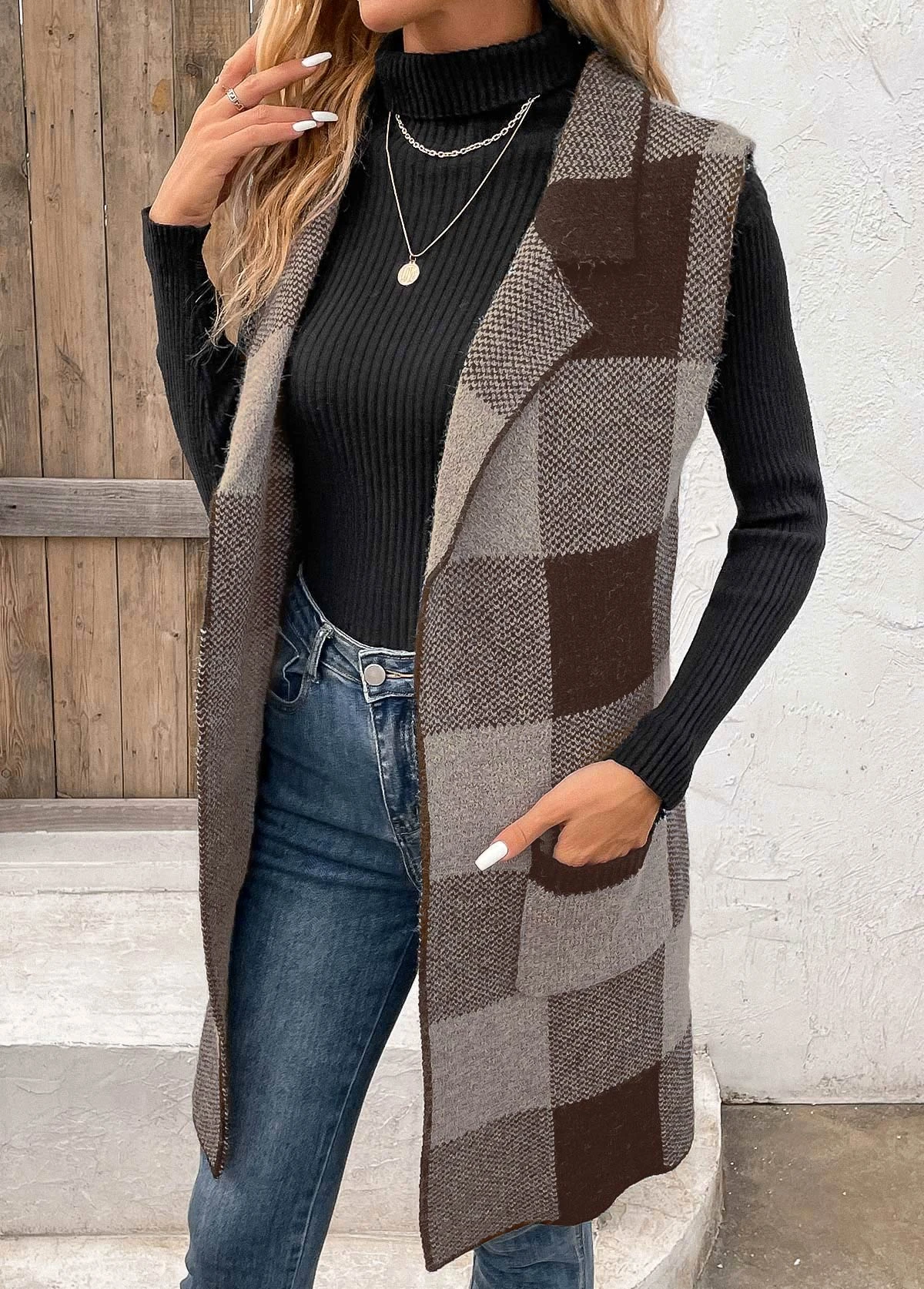 Dark Coffee Pocket Plaid Sleeveless Lapel Waistcoat 6 Dark Coffee Pocket Plaid Sleeveless Lapel Waistcoat - Image 4