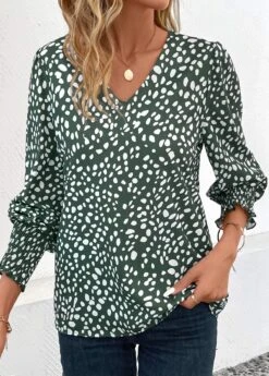 Turquoise Smocked Polka Dot Long Sleeve V Neck Blouse -UrbanLayer Store 341613 P 16990085192242