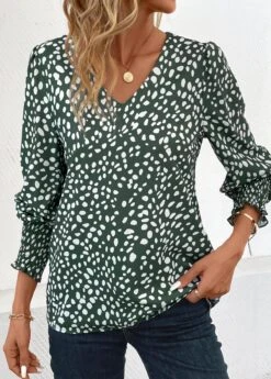 Turquoise Smocked Polka Dot Long Sleeve V Neck Blouse -UrbanLayer Store 341613 P 16990085193794