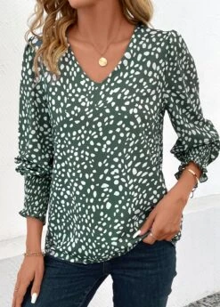 Turquoise Smocked Polka Dot Long Sleeve V Neck Blouse -UrbanLayer Store 341613 P 16990085197995