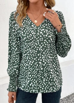 Turquoise Smocked Polka Dot Long Sleeve V Neck Blouse