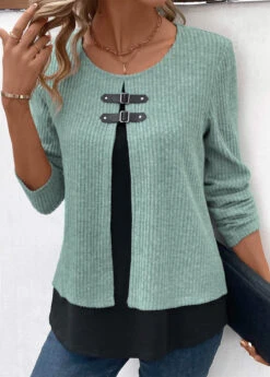 Sage Green Fake 2in1 Long Sleeve Blouse 13 Sage Green Fake 2in1 Long Sleeve Blouse -UrbanLayer Store 341697 P 16934632617943