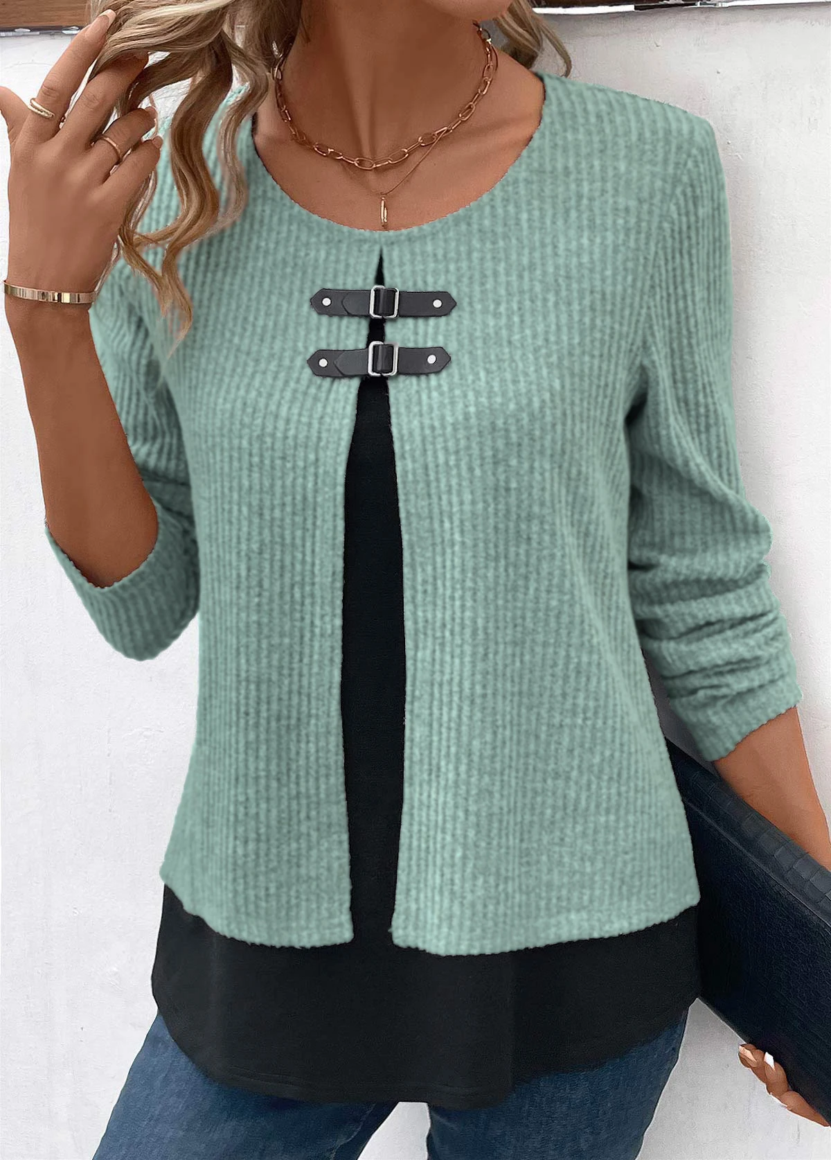 Sage Green Fake 2in1 Long Sleeve Blouse 10 Sage Green Fake 2in1 Long Sleeve Blouse - Image 8