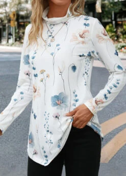 White Asymmetry Floral Print Long Sleeve T Shirt -UrbanLayer Store 341964 P 16952997462302