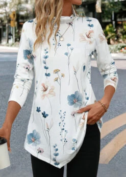 White Asymmetry Floral Print Long Sleeve T Shirt -UrbanLayer Store 341964 P 16952997464915