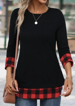 Red Patchwork Plaid Long Sleeve Round Neck T Shirt -UrbanLayer Store 342237 P 16958640655055