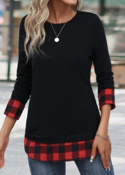 Red Patchwork Plaid Long Sleeve Round Neck T Shirt -UrbanLayer Store 342237 P 16958640655614