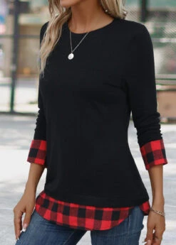 Red Patchwork Plaid Long Sleeve Round Neck T Shirt -UrbanLayer Store 342237 P 16958640656292
