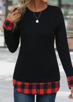 Red Patchwork Plaid Long Sleeve Round Neck T Shirt -UrbanLayer Store 342237 P 16958640658153