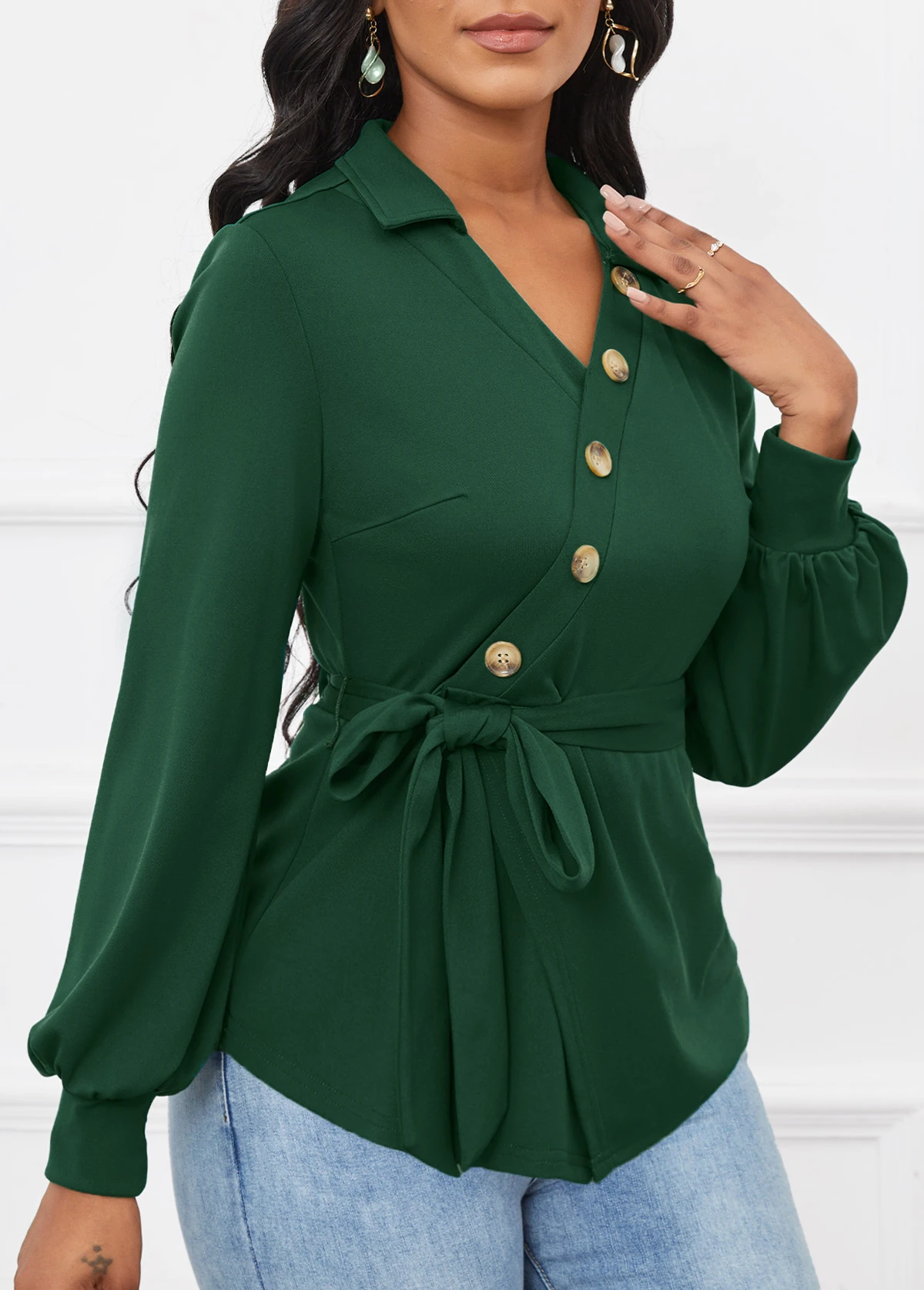 Blackish Green Button Belted Long Sleeve V Neck Blouse 5 Blackish Green Button Belted Long Sleeve V Neck Blouse - Image 3