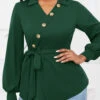 Blackish Green Button Belted Long Sleeve V Neck Blouse 2 Blackish Green Button Belted Long Sleeve V Neck Blouse -UrbanLayer Store 342342 P 16990085735110