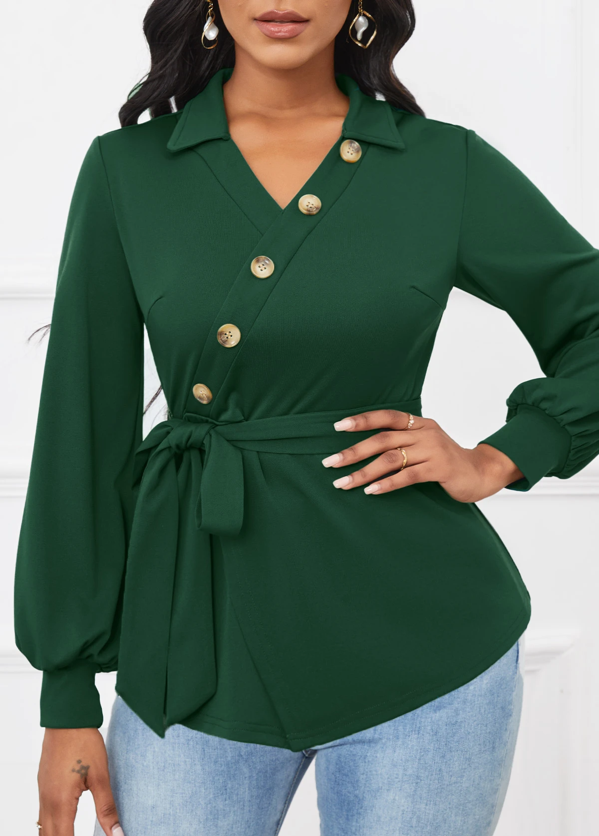 Blackish Green Button Belted Long Sleeve V Neck Blouse 3 Blackish Green Button Belted Long Sleeve V Neck Blouse