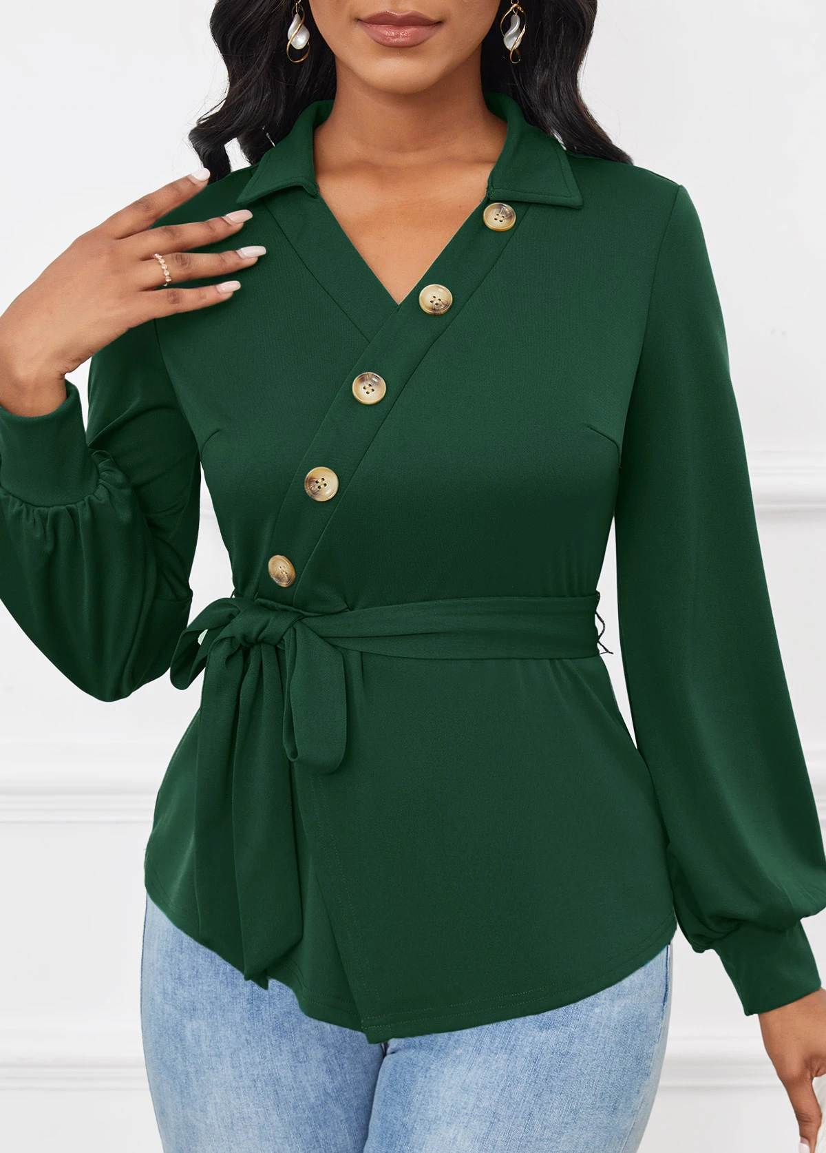 Blackish Green Button Belted Long Sleeve V Neck Blouse 6 Blackish Green Button Belted Long Sleeve V Neck Blouse - Image 4