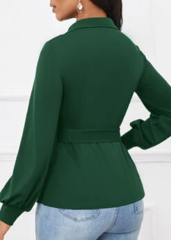 Blackish Green Button Belted Long Sleeve V Neck Blouse 7 Blackish Green Button Belted Long Sleeve V Neck Blouse -UrbanLayer Store 342342 P 16990085739241