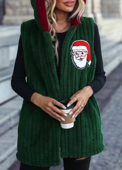 Christmas Green Santa Claus Print Sleeveless Hooded Waistcoat
