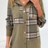 Olive Green Patchwork Plaid Long Sleeve Shirt Collar Blouse -UrbanLayer Store 342398 P 16987498201993