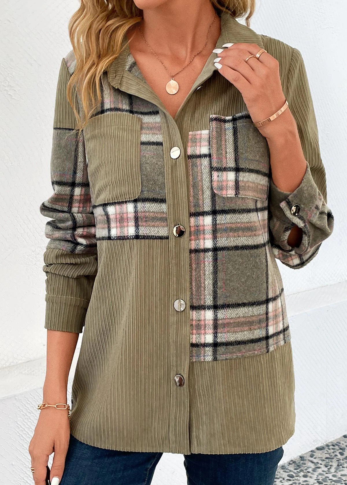 Olive Green Patchwork Plaid Long Sleeve Shirt Collar Blouse 3 Olive Green Patchwork Plaid Long Sleeve Shirt Collar Blouse